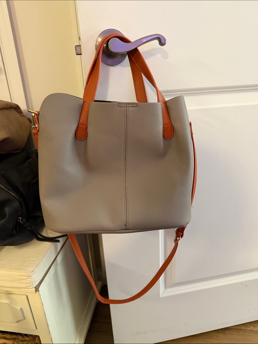 Gray Tote Bag with Tan Accents - Classic Everyday Handbag